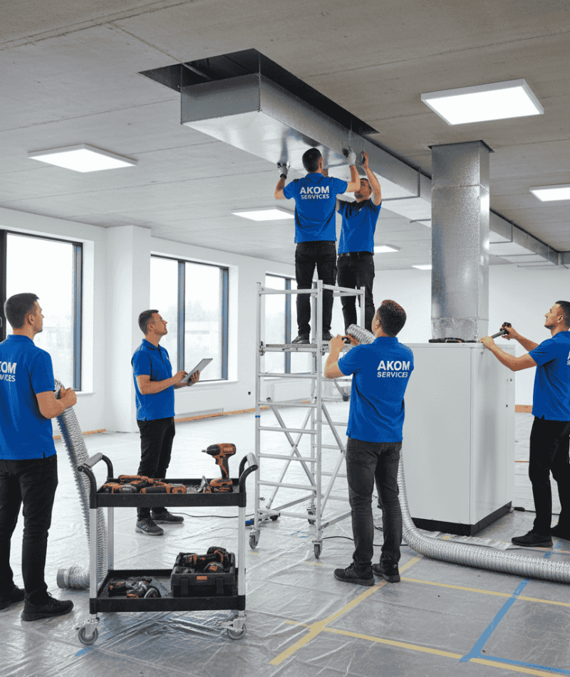 Technicians installing HVAC and ventilation systems